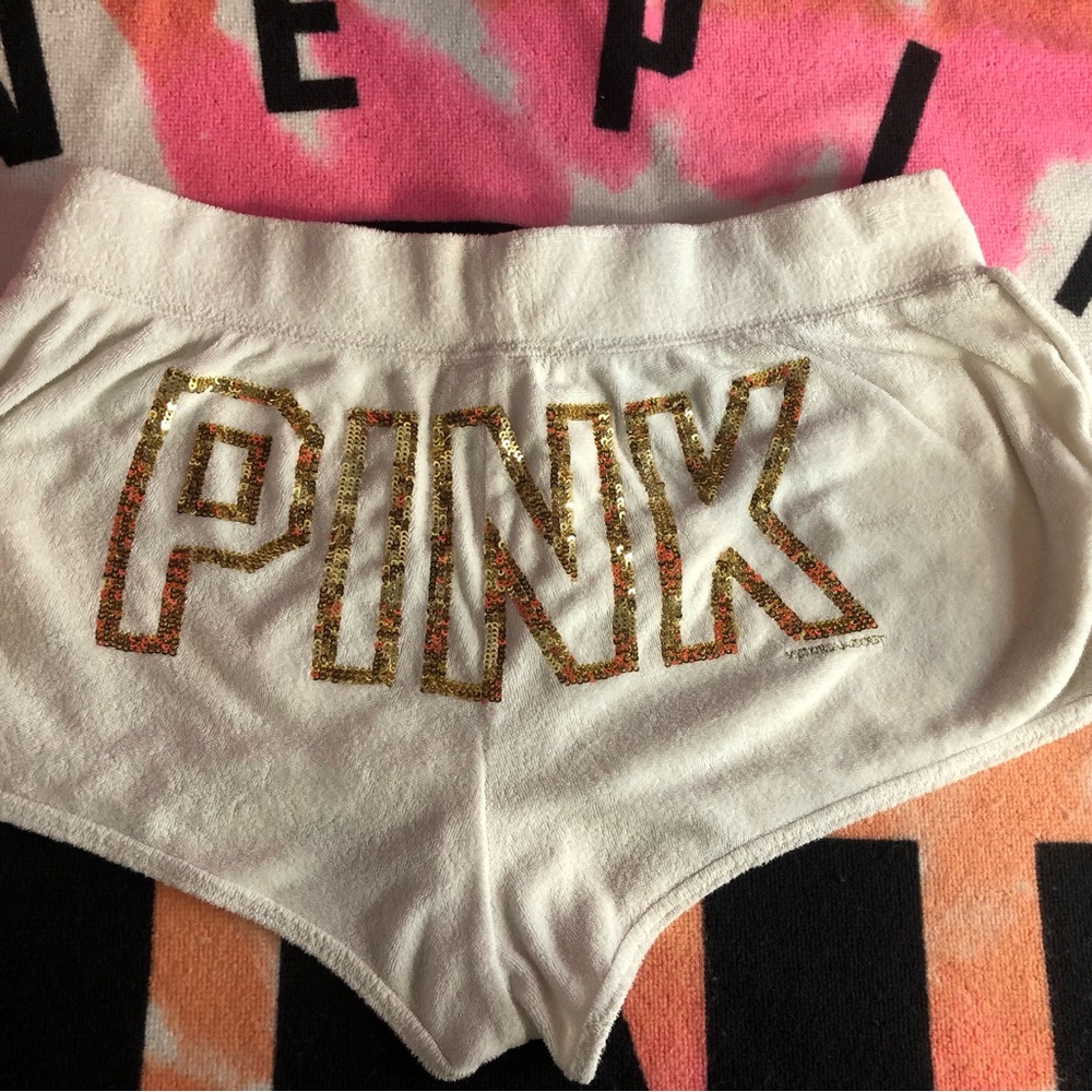 2012 Victoria secret pink White Shorts with Gold Sequin Spell-out PINK' Logo - Picture 1 of 7